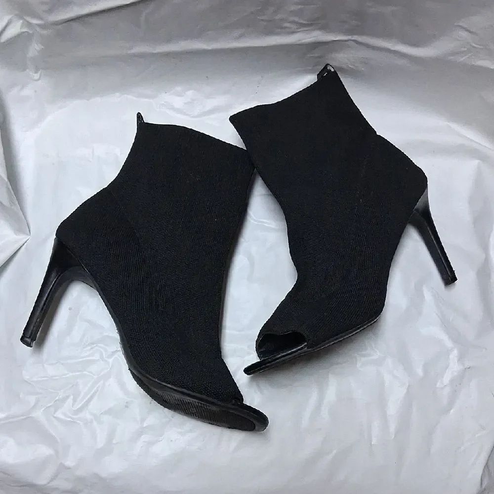 Forever 21 Women's Black Peep-Toe Sock Booties - Stretch Knit Ankle Heels